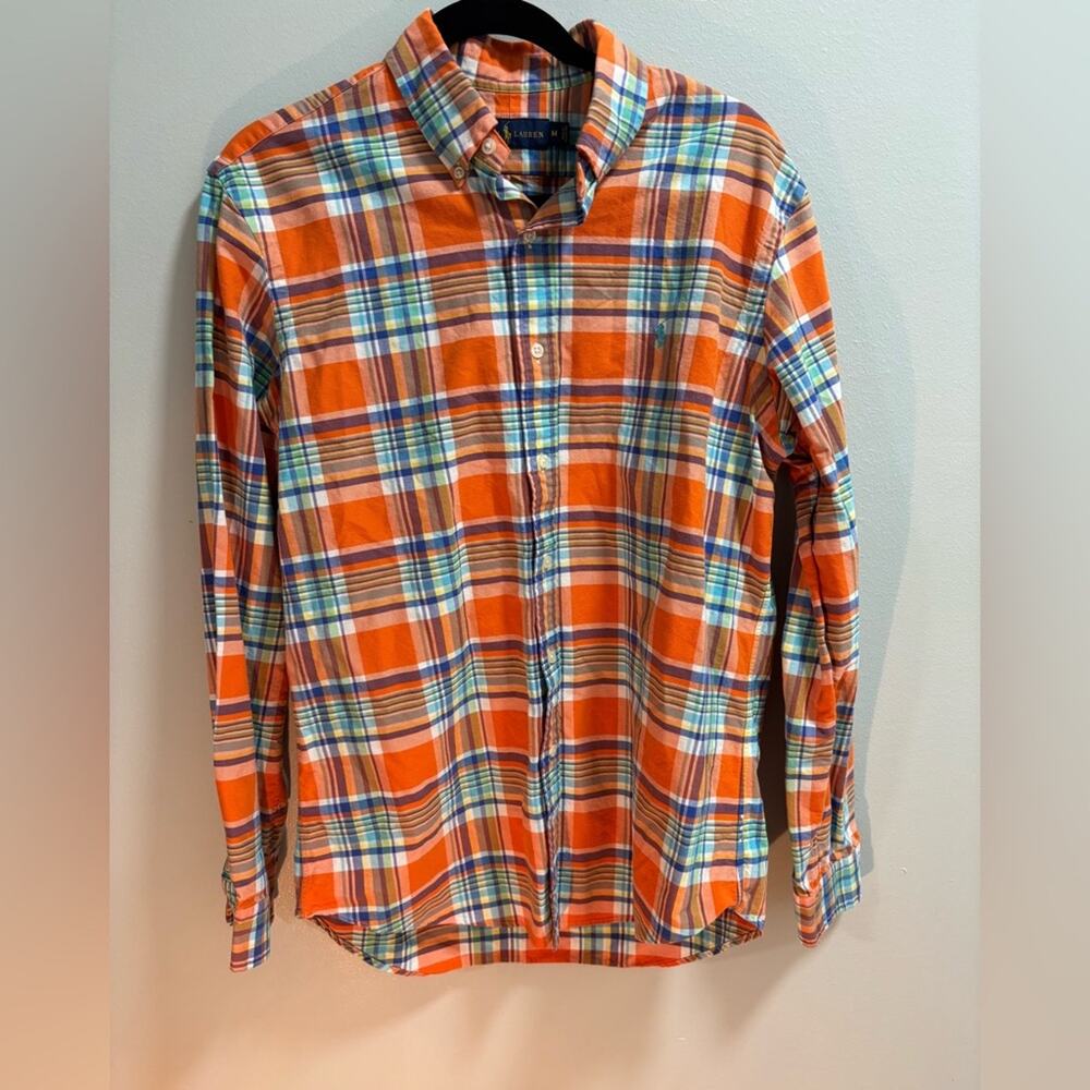 Ralph Lauren Mens Orange Blue Plaid Button Down Shirt Long Sleeve Pony Logo M